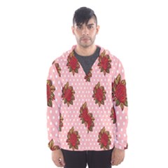 Pink Polka Dot Background With Red Roses Hooded Wind Breaker (men) by Nexatart
