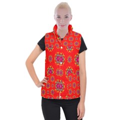 Rainbow Colors Geometric Circles Seamless Pattern On Red Background Women s Button Up Puffer Vest
