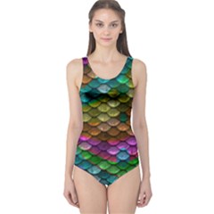 Fish Scales Pattern Background In Rainbow Colors Wallpaper One Piece Swimsuit by Nexatart