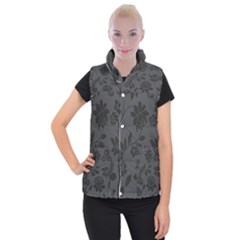 Flower Floral Rose Black Women s Button Up Puffer Vest by Mariart