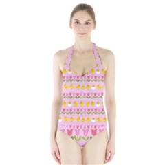 Easter - Chick And Tulips Halter Swimsuit by Valentinaart