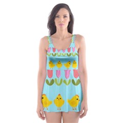Easter - Chick And Tulips Skater Dress Swimsuit by Valentinaart