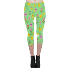 Easter - Chick And Tulips Capri Leggings  by Valentinaart