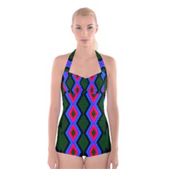 Quadrate Repetition Abstract Pattern Boyleg Halter Swimsuit  by Nexatart