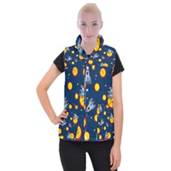 Rocket Ufo Moon Star Space Planet Blue Circle Women s Button Up Puffer Vest by Mariart