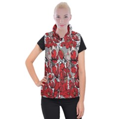 Red Flowers Pattern Women s Button Up Puffer Vest by TastefulDesigns