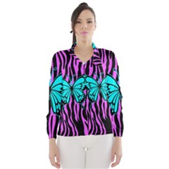 Zebra Stripes Black Pink   Butterfly Turquoise Wind Breaker (women) by EDDArt