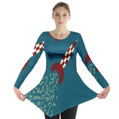 Rocket Ship Space Blue Sky Red White Fly Long Sleeve Tunic  by Mariart