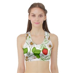 Strawberry Fruit Leaf Flower Floral Star Green Red White Sports Bra With Border