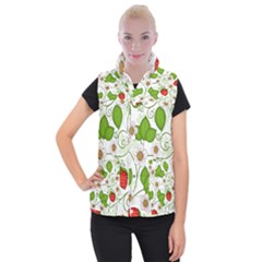 Strawberry Fruit Leaf Flower Floral Star Green Red White Women s Button Up Puffer Vest by Mariart