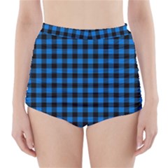 Lumberjack Fabric Pattern Blue Black High-waisted Bikini Bottoms by EDDArt