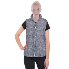 Grey Romantic Flower Pattern Denim Women s Button Up Puffer Vest by Ivana