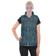 Teal Romantic Flower Pattern Denim Women s Button Up Puffer Vest by Ivana