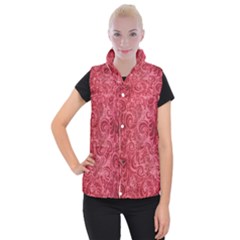 Red Romantic Flower Pattern Women s Button Up Puffer Vest by Ivana