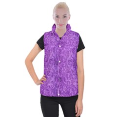 Purple Romantic Flower Pattern Denim Women s Button Up Puffer Vest by Ivana