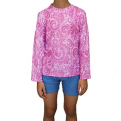 Pink Romantic Flower Pattern Denim Kids  Long Sleeve Swimwear by Ivana