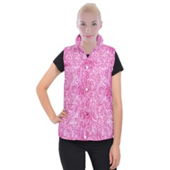 Pink Romantic Flower Pattern Denim Women s Button Up Puffer Vest by Ivana