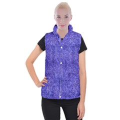 Vibrant Blue Romantic Flower Pattern Women s Button Up Puffer Vest by Ivana