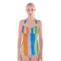 Watercolors Stripes                    Boyleg Halter Swimsuit by LalyLauraFLM