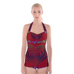 Red Heart Colorful Love Shape Boyleg Halter Swimsuit  by Nexatart