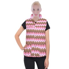 Shades Of Pink And Brown Retro Zigzag Chevron Pattern Women s Button Up Puffer Vest by Nexatart