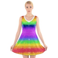 Striped Painted Rainbow V-neck Sleeveless Skater Dress by Brini