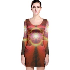 Liquid Sunset, A Beautiful Fractal Burst Of Fiery Colors Long Sleeve Velvet Bodycon Dress by jayaprime