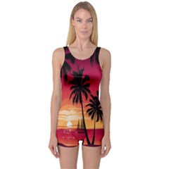 Nature Palm Trees Beach Sea Boat Sun Font Sunset Fabric One Piece Boyleg Swimsuit by Mariart