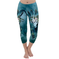 The Billy Goat  Skull With Feathers And Flowers Capri Winter Leggings  by FantasyWorld7