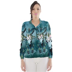 The Billy Goat  Skull With Feathers And Flowers Wind Breaker (women) by FantasyWorld7