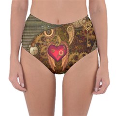 Steampunk Golden Design, Heart With Wings, Clocks And Gears Reversible High-waist Bikini Bottoms by FantasyWorld7