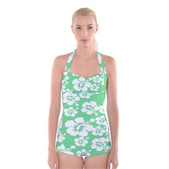 Hibiscus Flowers Green White Hawaiian Boyleg Halter Swimsuit  by Mariart