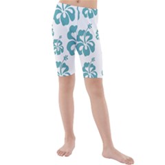 Hibiscus Flowers Green White Hawaiian Blue Kids  Mid Length Swim Shorts by Mariart