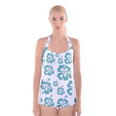 Hibiscus Flowers Green White Hawaiian Blue Boyleg Halter Swimsuit  by Mariart
