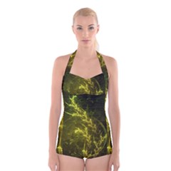 Beautiful Emerald Fairy Ferns In A Fractal Forest Boyleg Halter Swimsuit  by jayaprime