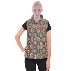 Jewel Tiles Kaleidoscope Women s Button Up Puffer Vest by WolfepawFractals