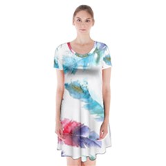 Watercolor Feather Background Short Sleeve V-neck Flare Dress by LimeGreenFlamingo