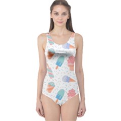 Hand Drawn Ice Creams Pattern In Pastel Colorswith Pink Watercolor Texture  One Piece Swimsuit by LimeGreenFlamingo
