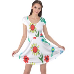 Flowers Fabric Design Cap Sleeve Dresses