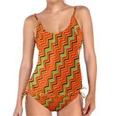 Orange Turquoise Red Zig Zag Background Tankini by BangZart