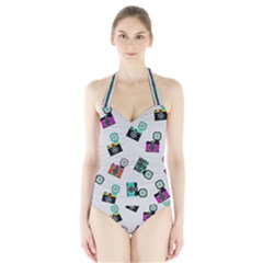 Old Cameras Pattern                        Women s Halter One Piece Swimsuit by LalyLauraFLM