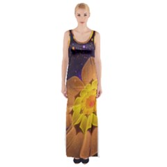 Beautiful Violet & Peach Primrose Fractal Flowers Maxi Thigh Split Dress by jayaprime