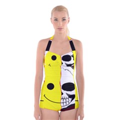 Skull Behind Your Smile Boyleg Halter Swimsuit  by BangZart