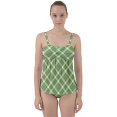 Green And White Diagonal Plaid Twist Front Tankini Set by NorthernWhimsy