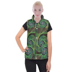 Green Spiral Fractal Wired Women s Button Up Puffer Vest by Nexatart