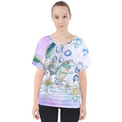 Funny, Cute Frog With Waterlily And Leaves V-neck Dolman Drape Top by FantasyWorld7