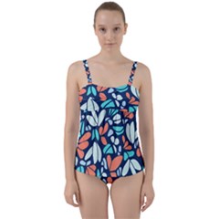 Blue Tossed Flower Floral Twist Front Tankini Set