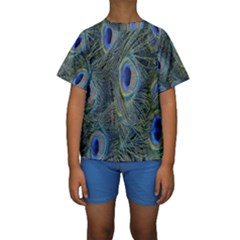 Peacock Feathers Blue Bird Nature Kids  Short Sleeve Swimwear by Nexatart