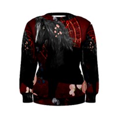 Awesmoe Black Horse With Flowers On Red Background Women s Sweatshirt by FantasyWorld7