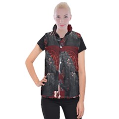 Awesmoe Black Horse With Flowers On Red Background Women s Button Up Puffer Vest by FantasyWorld7